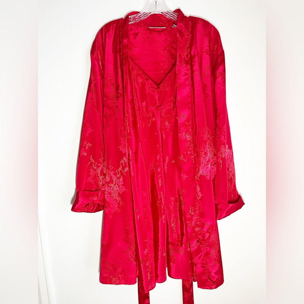 Two Piece Red Satin Robe & Slip Chemise with Satin Belt, Love Knots for Buttons